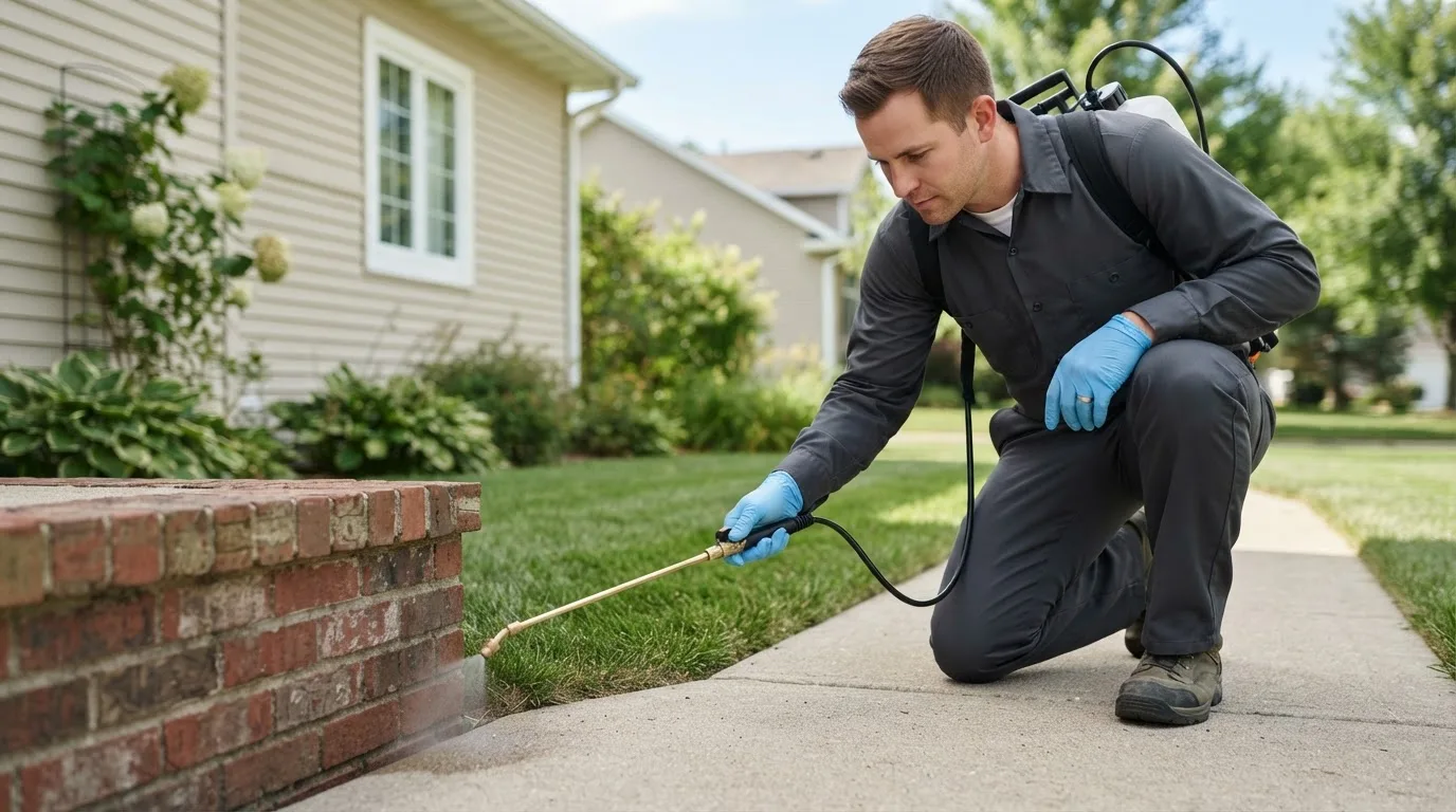 Pest control technician treating a home near Wallingford, CT